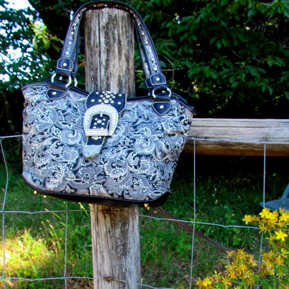 WESTERN BAG, BLING BUCKLE, SPARKLY RODEO RANCH COWGIRL HANDBAG, MOUNTAIN WEST - Picture 1 of 14